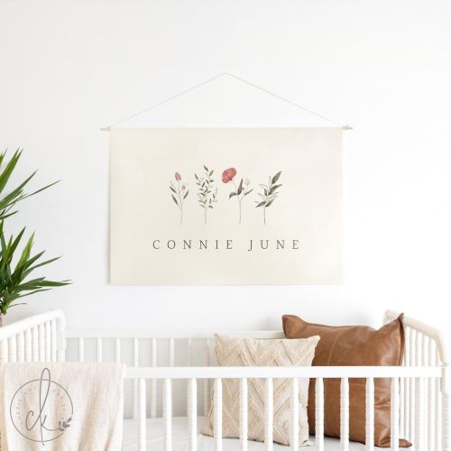 Girl Name Sign With Wildflowers | Dowel Rod Canvas | Nursery Wall Art | Personalized Nursery Decor | Kids Room Decor | Connie June