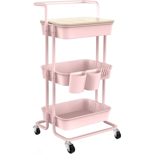 DTK 3 Tier Utility Rolling Cart with Cover Board, Storage Handle and Locking Wheels Kitchen 2 Small Baskets 4 Hooks for Bathroom Office Balcony Living Room(Pink)