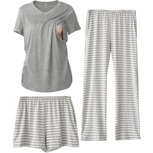 Rnxrbb 3 Piece Women's Maternity Nursing Pajamas Set V Neck Breastfeeding Pjs Sleepwear Postpartum Shorts&Pants Pockets