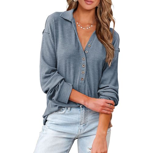 BTFBM Women Casual Button Down V Neck Blouses Long Sleeve Solid Color Stand Collar Knitted Tops Cute Relaxed Fit Shirts