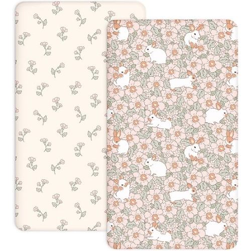 Crib Sheets for Boys and Girls, 2 Pack Fitted Baby Sheets for Standard Toddler Mattress 28" x 52", Soft Breathable Jersey Knit Baby Bedding (Bunny Garden)