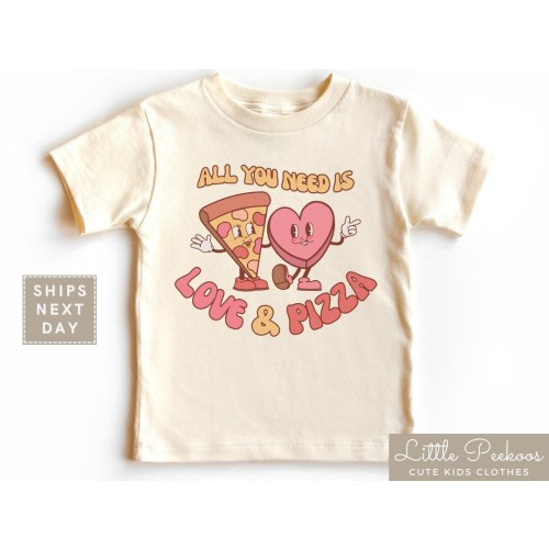 All You Need is Love and Pizza Kids Shirt, Retro Cartoon Heart Pizza Natural Baby Onesie®, Funny Toddler Valentine&#39;s T-shirt or Raglan Tee
