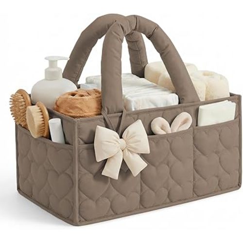 Diaper Caddy Organizer, Stylish Nursery Storage Basket, Gift for Baby Shower, Newborn Essentials, Registry Search Must Haves, Dark Brown Quilted Heart with Bow