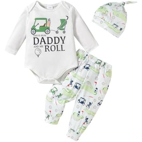 Newborn Baby Boy Girl Golf Outfit Long Sleeve Letter Golf Cart Romper Golf Pants Baby Golf Hat Set 3Pcs Fall Clothes