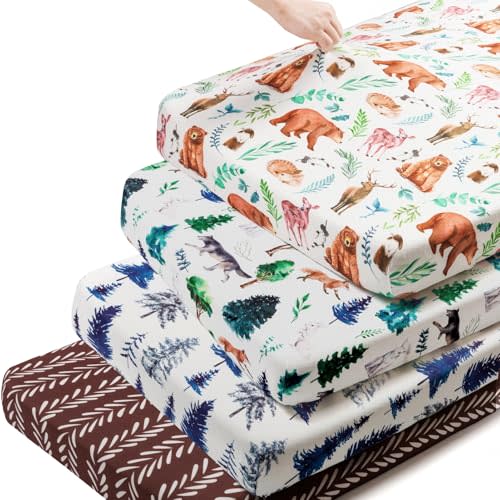 4 Pack N Play Sheets Woodland Forest Animals Wood Neutral Unisex Fitted Baby N Play Sheets Fitted for Standard Pack and Plays and Mini Cribs Set for Baby Boys or Girls
