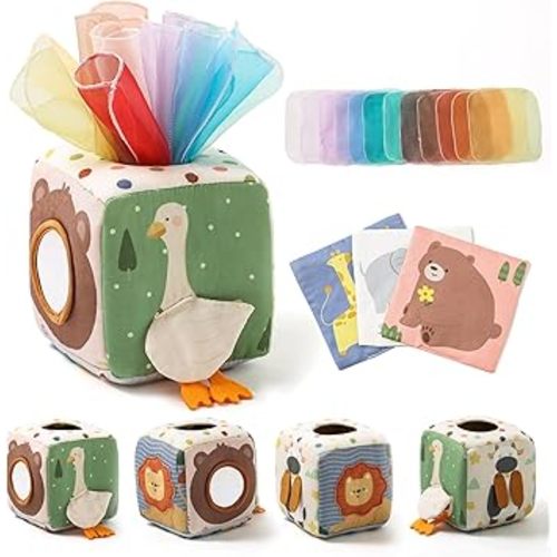 Baby Tissue Box Toy for Babies 6-12 Months, Montessori Sensory Toys for 1 Year Old Boy, Infant Toy with Crinkle Tissues & Fine Motor, for 6 9 12 18 Months Old Kids 1st Birthday