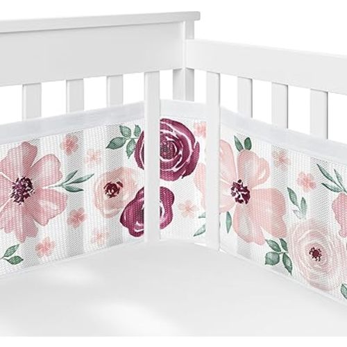 Sweet Jojo Designs + BreathableBaby 2-Piece Breathable Mesh Crib Liner Set (Burgundy Boho Floral) for Girls, Baby, Infants/Newborn Nursery (Bohemian, Shabby Chic, Watercolor, Farmhouse, Pink, Maroon)