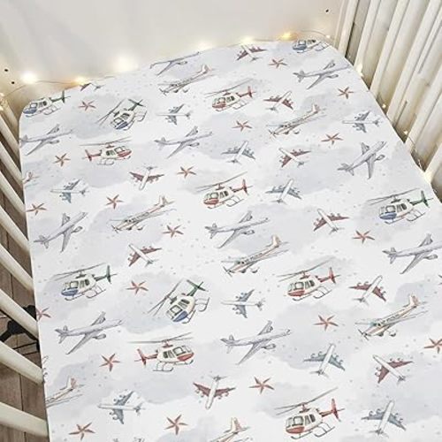 Vintage Planes Airplanes Helicopters Baby Crib Sheets Boy Girl 28"x52" Plane Stars Clouds Sky Soft Stretchy Fitted Crib Mattress Cover Baby Sheet for Standard Crib & Toddler Mattress Pad