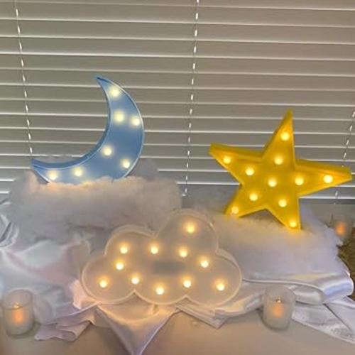 3 Pack Star Moon Cloud Night Light - LED Decorative Lamp for Kids Room, Warm White Cordless Wall Mountable/Freestanding Lights, Perfect Birthday/Baby Shower Party Decor & Gift for Children