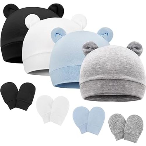 BQUBO Newborn Baby Bear Ears Hats and Mittens Sets Preemie Cotton Caps Baby Boy Girl Infant Hospital Beanie