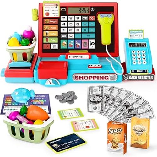 Kids Cash Register with Scanner and Sound, Microphone, Shopping Basket, 52 Shop Accessories, Role-Play Toys for Children, Play Money, Children's Cash Register (Blue)