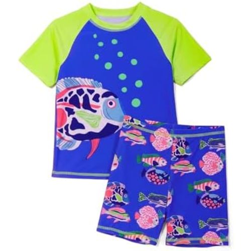 Haloumoning Toddler Baby Boys 2 Piece Swimsuits Kids Short Sleeve Rashguard and Swim Trunks UPF 50+ Bathing Suit 9M-8Y