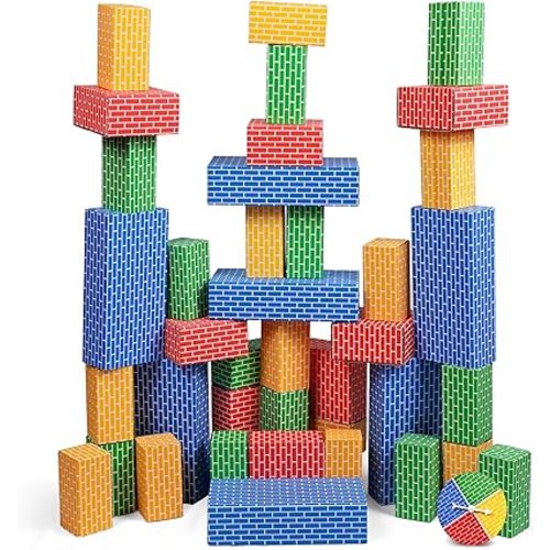 NATIONAL GEOGRAPHIC Kids Jumbo Cardboard Building Blocks – 40 Heavy-Duty Bricks in 3 Sizes, Build & Learn with Game Spinner & Activity Cards for Kids 3+, Indoor Play Construction Toy for STEM Learning