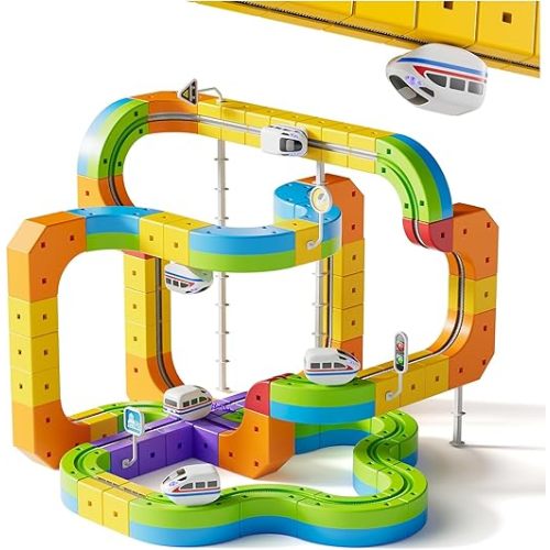 Upgrade Electric Train Set, 3D Cube Track-DIY Rail Cube Block Kit, STEM Gravity-Defying Motorized Trains Race Tracks Toys Gift for Kids Boys Girls Age 3 4 5 6 7 8+ (Master Set+2 Cars)