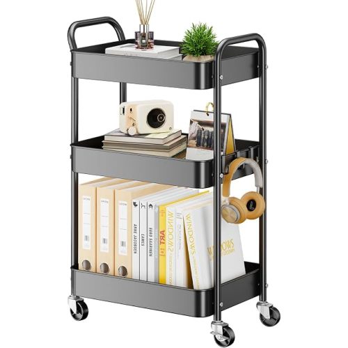YASONIC 3-Tier Metal Rolling Cart Utility Carts with Wheels Black