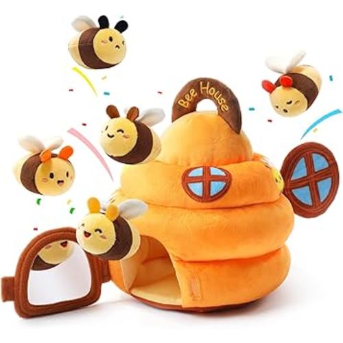 Koty Baby Toys 6-12 Months,Bee House Sensory Learning Toy, Beehive wtih wtih rattles, Squeaker, Mirror,5pcs Yellow Plush Bees, Educational Montessori Toy for Infants 6-12 Months
