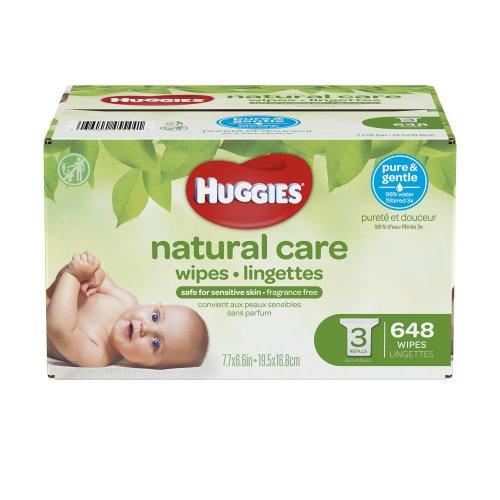 Huggies Natural Care Unscented Baby Wipes, Sensitive, Hypoallergenic, Water-Based, 3 Refill Packs, 648 Count Total