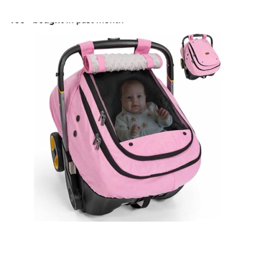 Bioby Waterproof Baby Car Seat Cover, Infant Car Seat Cover for Boy Girl, Roomy Cozy Windproof Sun Protection Baby Carseat Covers Canopy with Breathable Net and Holes, Universal Fitted, Pink