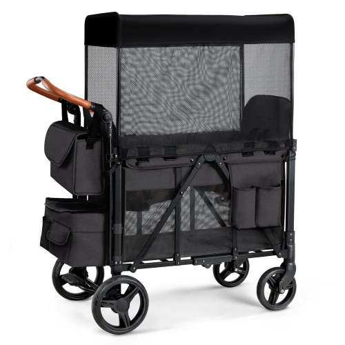 Matladin Wagon Stroller for 2 Kids, Foldable All-Terrain Wagon for Toddler with Canopy, Shoulder Bag, Black