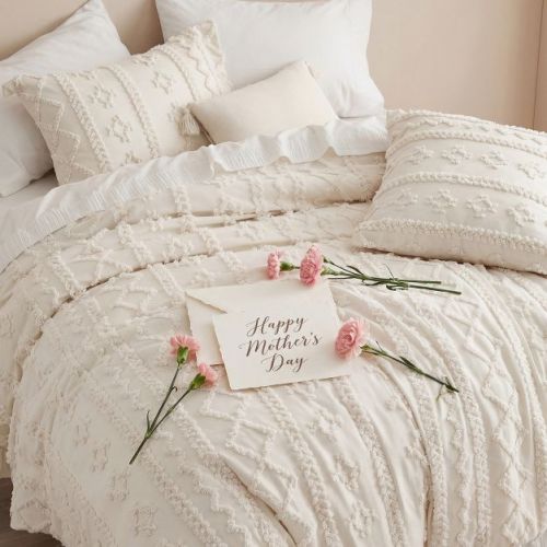 2Pcs Tufted Boho Farmhouse Shabby Chic Embroidery Beige Twin Size Comforter Set - Bedsure