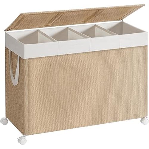 SONGMICS HOME Laundry Hamper with 4 Section, 180 L Large Rolling Laundry Basket with Wheels, Rattan Clothes Basket with Lid, Removable Liner with Handles, Natural Beige and Matte White ULCB603N01