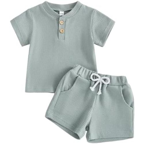Toddler Baby Boy Summer Clothes Button Waffle Short Sleeve T-Shirt Top Elastic Waist Shorts Set 2Pcs Infant Outfit