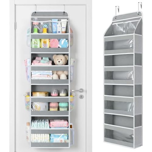 Yecaye 5 Tier Over the Door Organizer, Swing-proof Door Organizer Hanging with Clear PVC Windows, Behind the Door Storage for Bedroom Nursery Closet Laundry Pantry Bathroom, Grey