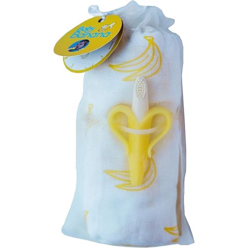 Blanket Gift Set - Baby Banana Infant Training Toothbrush Yellow and Soft, Banana Swaddle Blanket