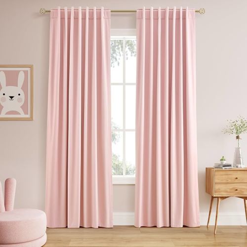 Nanspring Pink Linen 100% Blackout Curtains 84 Inch Length 2 Panels Set for Bedroom Back Tab Modern Farmhouse Decor Black Out Girl Curtain for Living Room Office Thermal Insulated Drapes 52x84
