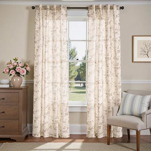 jinchan Linen Floral Curtains for Living Room 84 Inch Length Taupe Printed Curtains Back Tab French Country Farmhouse Flower Patterned Drapes Bedroom Window Curtain Set 2 Panels