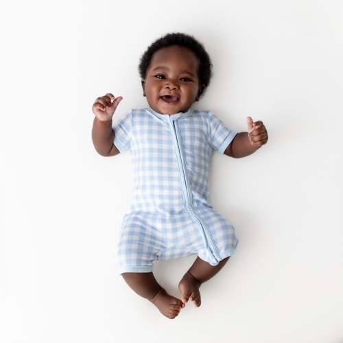 Zipper Shortall Romper in Gingham Breeze