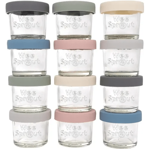 WeeSprout Glass Baby Food Storage Jars w/Lids (4 oz, 12 Pack Set) Snack, Puree, Reusable Small Containers, Breast Milk, Fridge or Freezer, Microwave & Dishwasher Safe, Essential Must Have for Infants