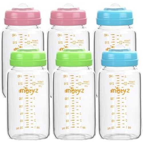 Matyz Glass Breastmilk Storage Bottles, 6 Pack, 8 oz, Compatible With Spectra Medela Breast Pump - Freezer Safe Storage Bottles Set - Wide Mouth Breastmilk Storage Containers - BPA Free (3 Color Lids)