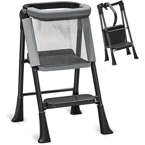 Toddler Standing Tower, Foldable Toddler Safety Stool with Protective Net for Kitchen & Bathroom Sink,for Ages 1-6 & Designed to Foster Independence,Black