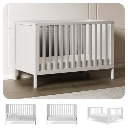 HARPPA 5-in-1 Convertible Baby Crib, Solid Pine Wood, White, Adjustable Heights, Safety Tested