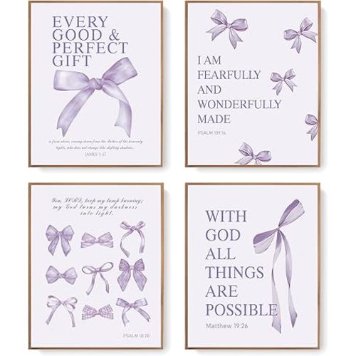 LARTSFRO Coquette Purple Bow Wall Art Decor Posters, Purple Bow Christian Room Bedroom Bathroom Dorm Wall Art Decor for College Teen Girls Kids Gifts, Inspirational Bible Verses Bow Wall Decor, 10x8 Inch Set of 4 Pcs Bow Pictures (UNFRAMED)