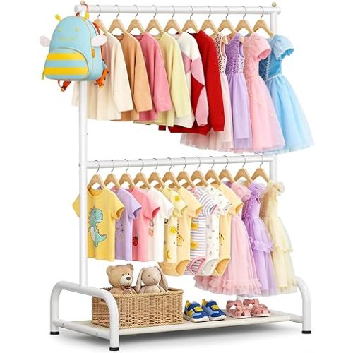 Double Rod Kids Clothing Rack for Hanging Clothes, Small Dress up Storage with Bottom Shelf, Metal Garment Rack for Shirts, Dance Costumes, and Baby Clothes (White)