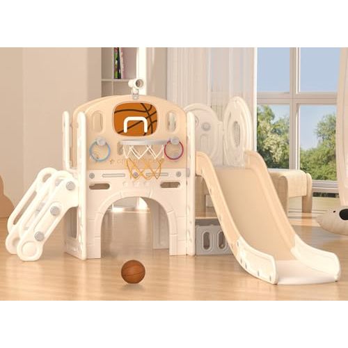 YUFU 9 in 1 Toddler Slide Set, Kids Slide for Toddlers Age 1-3, Toddler Playset with Climber and Basketball Hoop, Kids Indoor Outdoor Playground (Beige+Coffee)