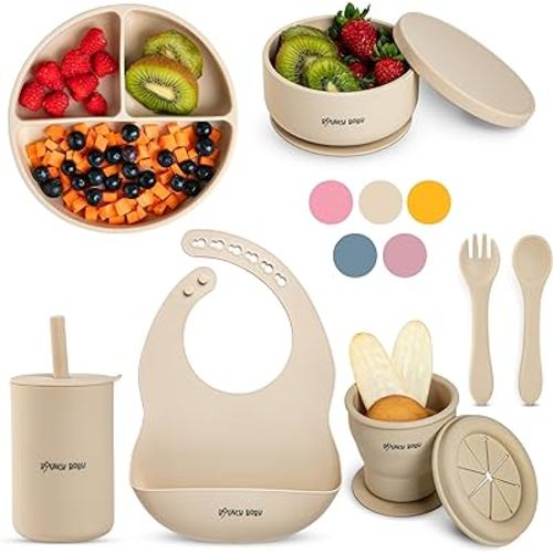 Silicone Baby Feeding Set, 8 PCS Baby Led Weaning Supplies with Baby Plates and Utensils Set, Baby Spoon and Fork, Adjustable Bib, Baby Silicone Feeding Set (Beige)