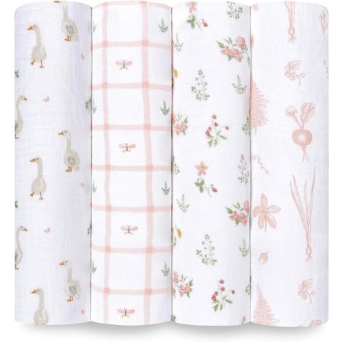 aden + anais Essentials Disney Baby Muslin Swaddle Blankets, Newborn Receiving Blanket for Swaddling, 100% Cotton Baby Swaddle Wrap, 4 Pack, Country Floral