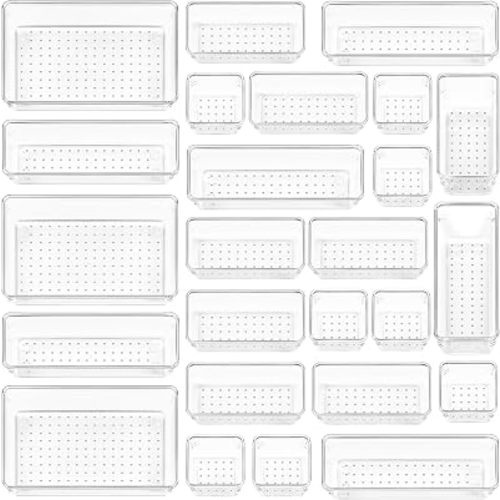 Vtopmart 25 PCS Clear Plastic Drawer Organizers Set, 4-Size Versatile Bathroom and Vanity Drawer Organizer Trays, Storage Bins for Makeup, Bedroom, Kitchen Gadgets Utensils and Office