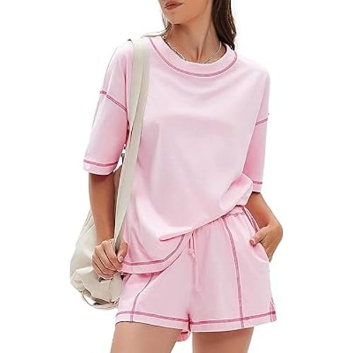EXLURA Women's Casual Summer 2 Piece Sets 100% Cotton Short Sleeve Tshirt and Shorts Matching Sweatsuits Lounge Set 2026