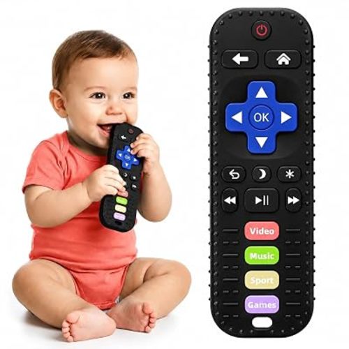 Baby Teething Toys, Remote Control Sensory Teether, Silicone Chew Toy for Teething Relief, BPA-Free Baby Remote Gift for Infants 3-6, 6-12 Months (Black)