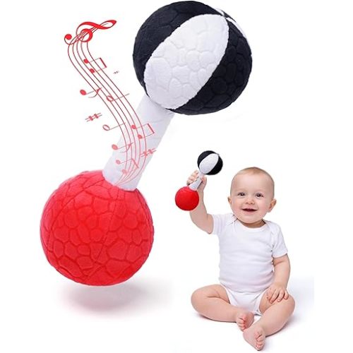 Jollybaby Soft Plush Baby Dumbbell Rattle Toys, 0-3-6 Months Newborn, High Contrast Black & White Sensory Rattles Weight Lifting Toy, Funny Baby Boy Girl Shower Gift