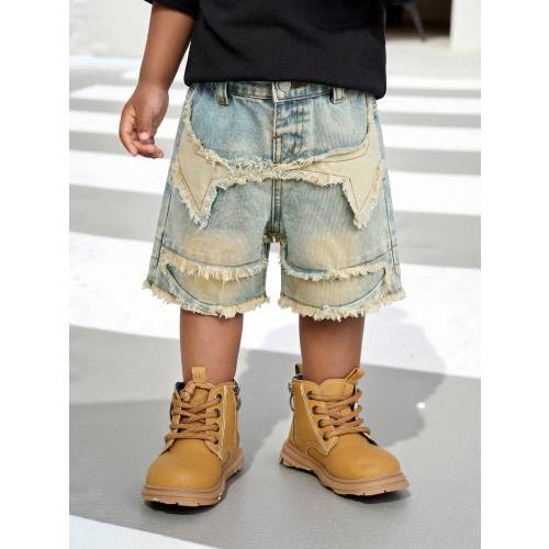 Baby Boy Y2k Distressed Retro Vintage Stonewashed Star Raw Edges Patchwork Blue Denim Loose Jeans Shorts, For Baby Boys Spring/Summer Dailywear Outfits, Boys Streetwear Outfits, Festival Outfits For Boys, Party Outfits For Boys, Beach Outfits For Boys, Bi