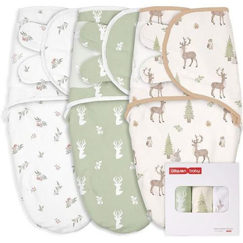 GLLQUEN BABY Girl Swaddles 0-3 Months - 3 Pack Baby Swaddles Sack for Newborn, Infant Sleep Sack, Easy Swaddling Wrap, Christmas Forest Carol, Nursery Swaddle Blankets Essentials