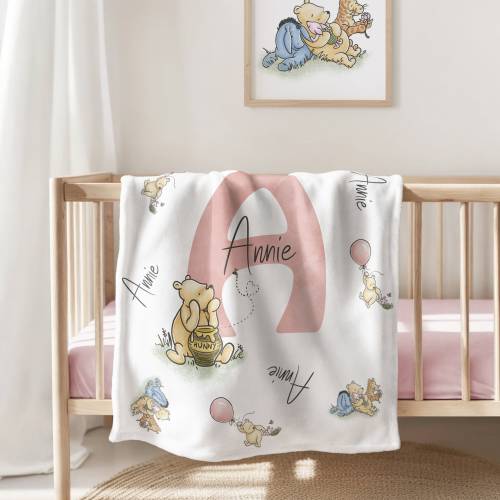 Classic Winnie the Pooh Personalized Nursery Blanket, Pink, Blue, Gender Neutral, Baby Shower Gift, Teddy Bear