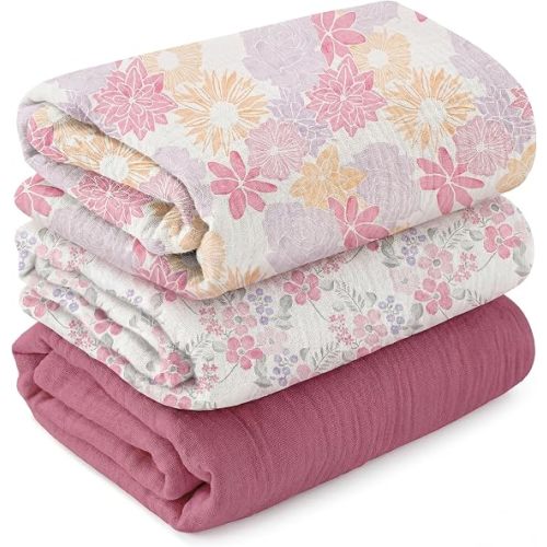 Muslin Swaddle Blankets for Newborns, 3-Pack Cotton Receiving Blankets, Large 40 x 38 inches, Breathable Soft Baby Blankets for Girls, Wrap Burp Cloths, Vintage Purple Floral