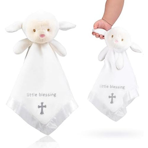 Lamb Lovey, Baptism Gifts for Girl & Boys - Loveys for Babies, Soft Embroidered Baby Blanket with Cross, Baptism Blanket for Newborns & Toddlers, Organic Cotton,14 inch