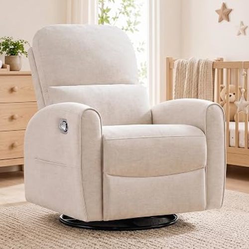Swivel Rocker Recliner, Manual Swivel Glider Nursery Recliner Chair with Adjustable Headrest and Lumbar Support, Rocking Recling Chairs for Small Space, Living Room, Bedroom, Chenille Camel